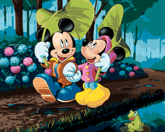 Malen nach Zahlen - MICKEY MOUSE UND MINNIE MIT REGENSCHIRMEN AUS BLÄTTERN