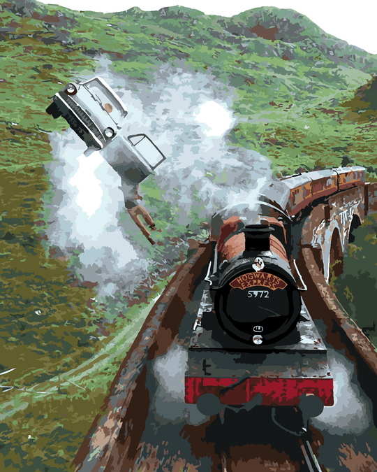Malen nach Zahlen - HARRY POTTER HÄNGT AUS EINEM FLIEGENDEN AUTO UND DER HOGWARTSEXPRESS