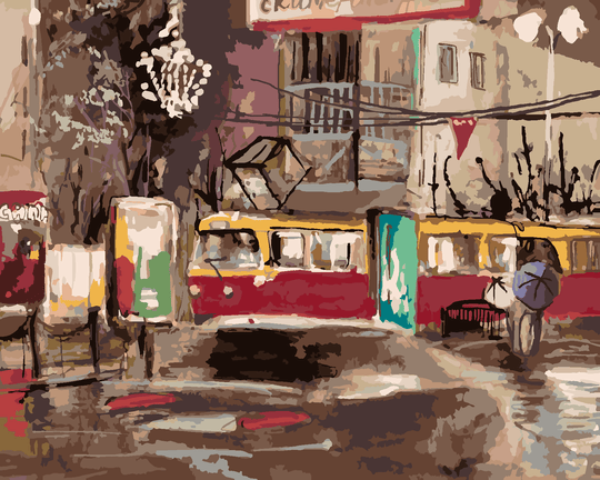 Malen nach Zahlen - STRASSENBAHN, DIE BEI NACHT DURCH DIE STADT FÄHRT