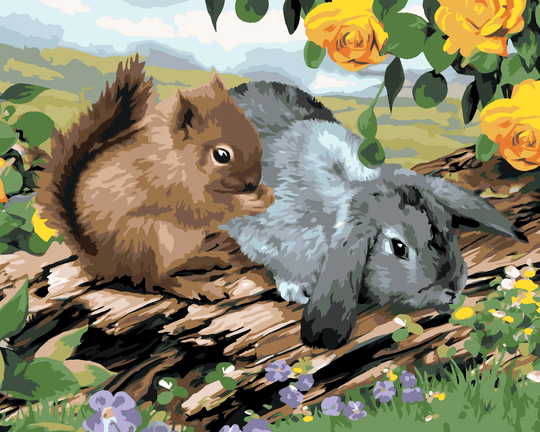 Malen nach Zahlen - EICHHÖRNCHEN UND KANINCHEN AUF EINEM BAUMSTUMPF (HOWARD ROBINSON)