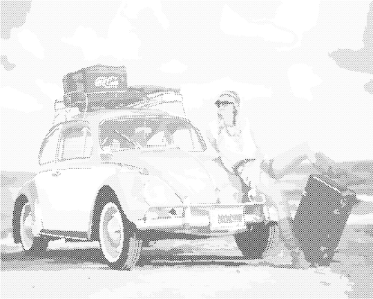 Punktmalerei - GRÜNES AUTO UND FRAU MIT KOFFER
